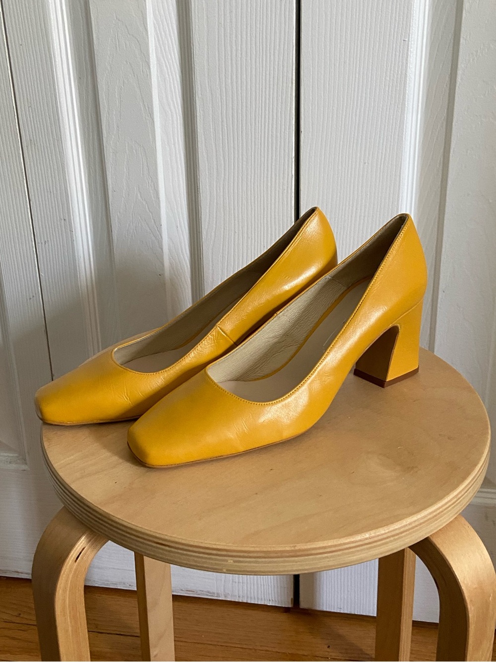 INTENTIONALLY BLANK Mustard Yellow Square-Toe Block Heel Pumps Size 10